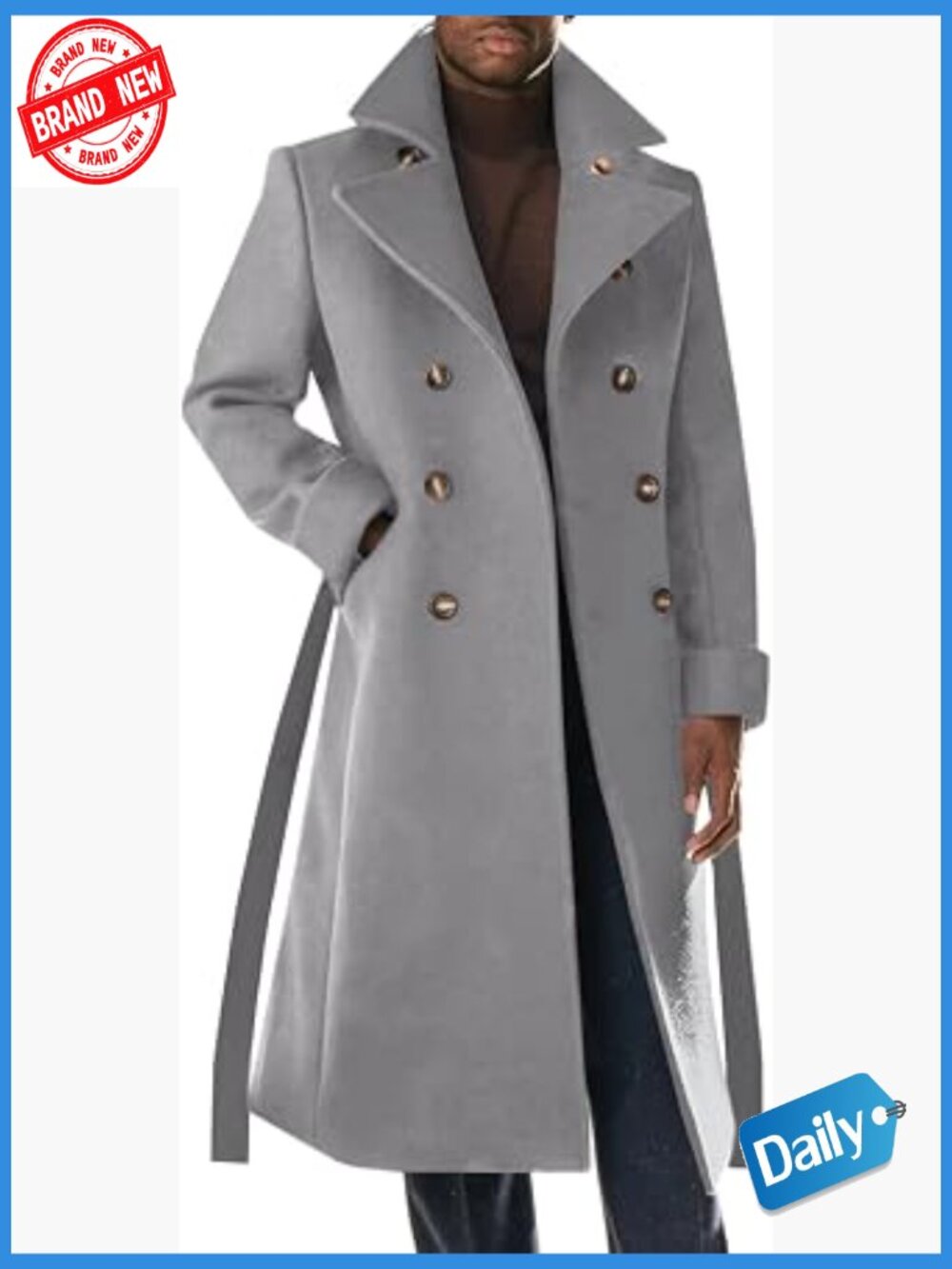 Mens Trench Coat Notch Lapel Double Breasted Belted Pea Coat Wool Blend Winter
